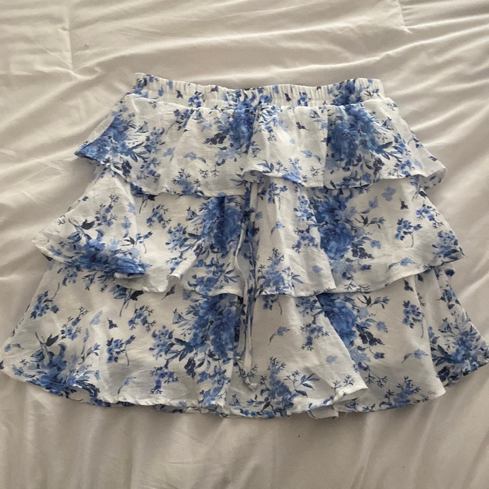 blue and white floral skirt